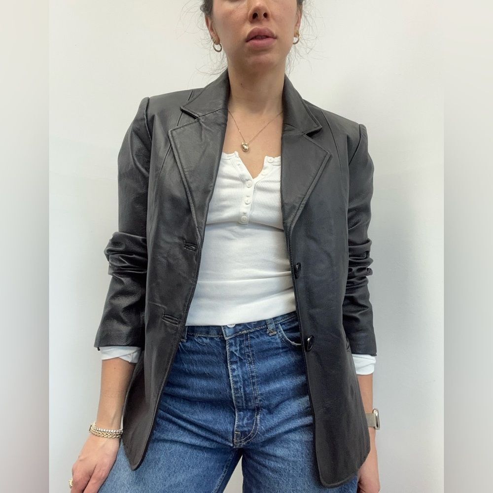 Vintage Y2K Metrostyle Black Leather Blazer Jacket Collared Size S